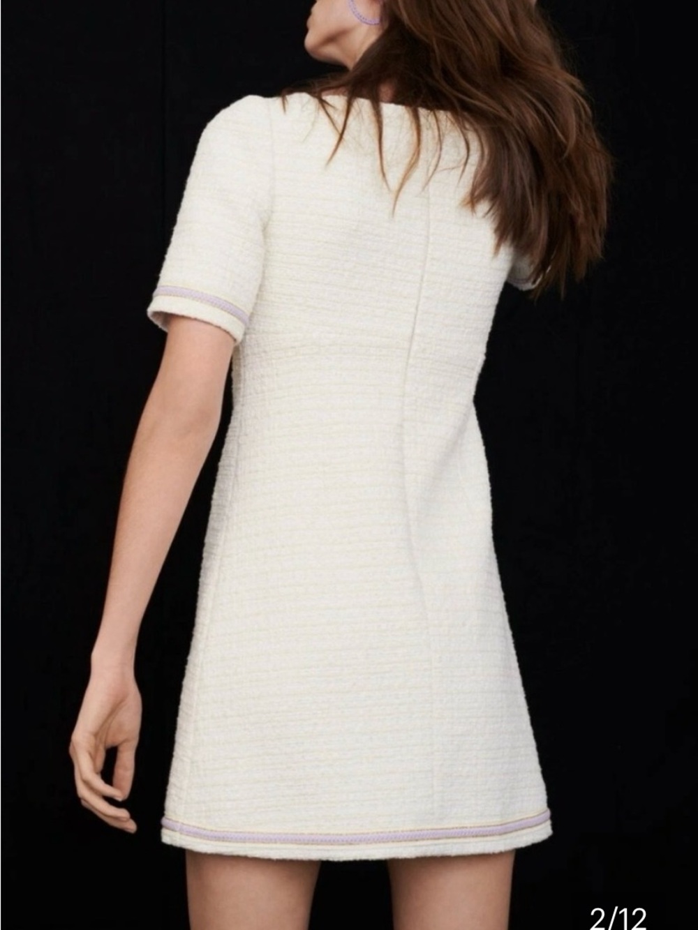 Maje Ranessa Dress EU 36 Chic Cream Textured Short-Sleeve with Lavender Piping - Picture 2 of 6